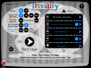 CrowdGame Trivially - Console  - Start Page - new Time Per Question